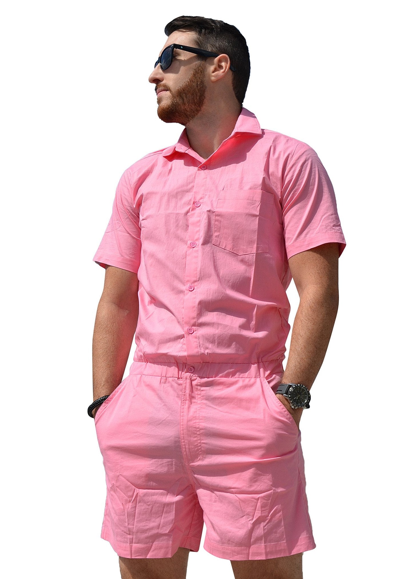 Coral print male romper, front view